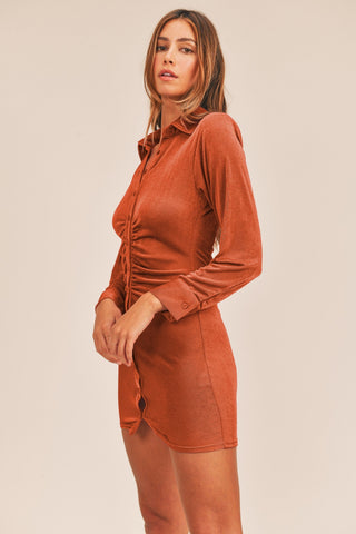 Front Ruched Button-Down Skinny Mini Skirt Dress