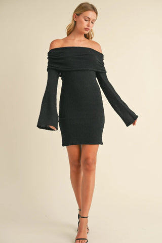 Off Shoulder Bell Sleeve Sweater Mini Dress