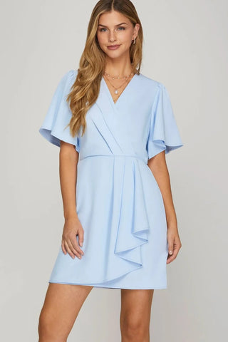Ruffled Surplice Short Flutter Sleeve Mini Dress